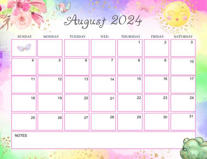 cute august calendar template