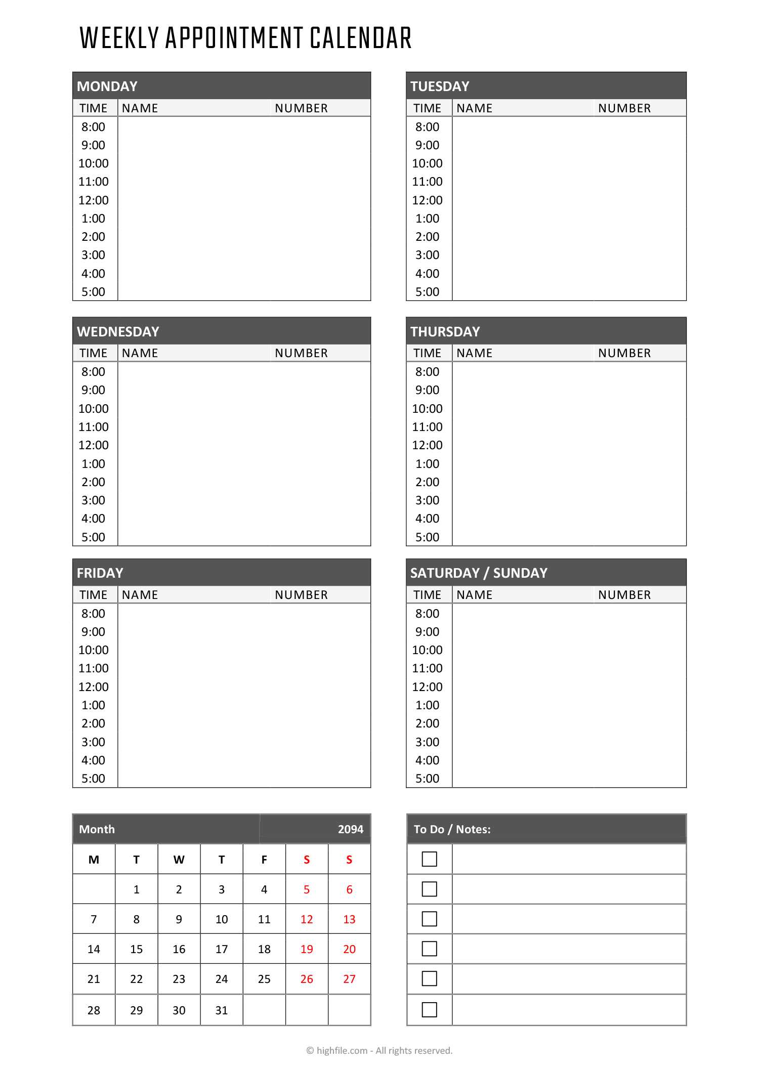 daily appointment calendar template