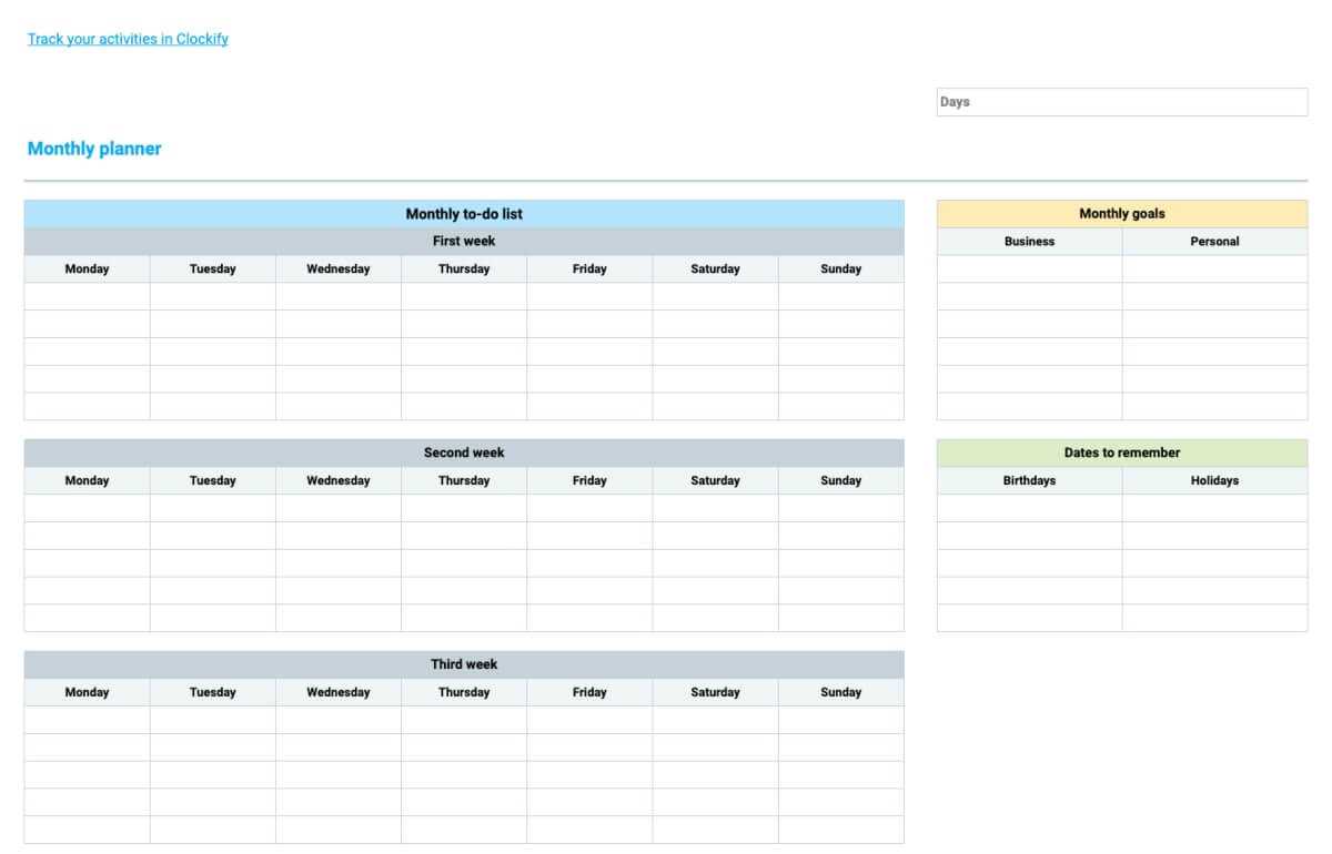 digital calendar planner template