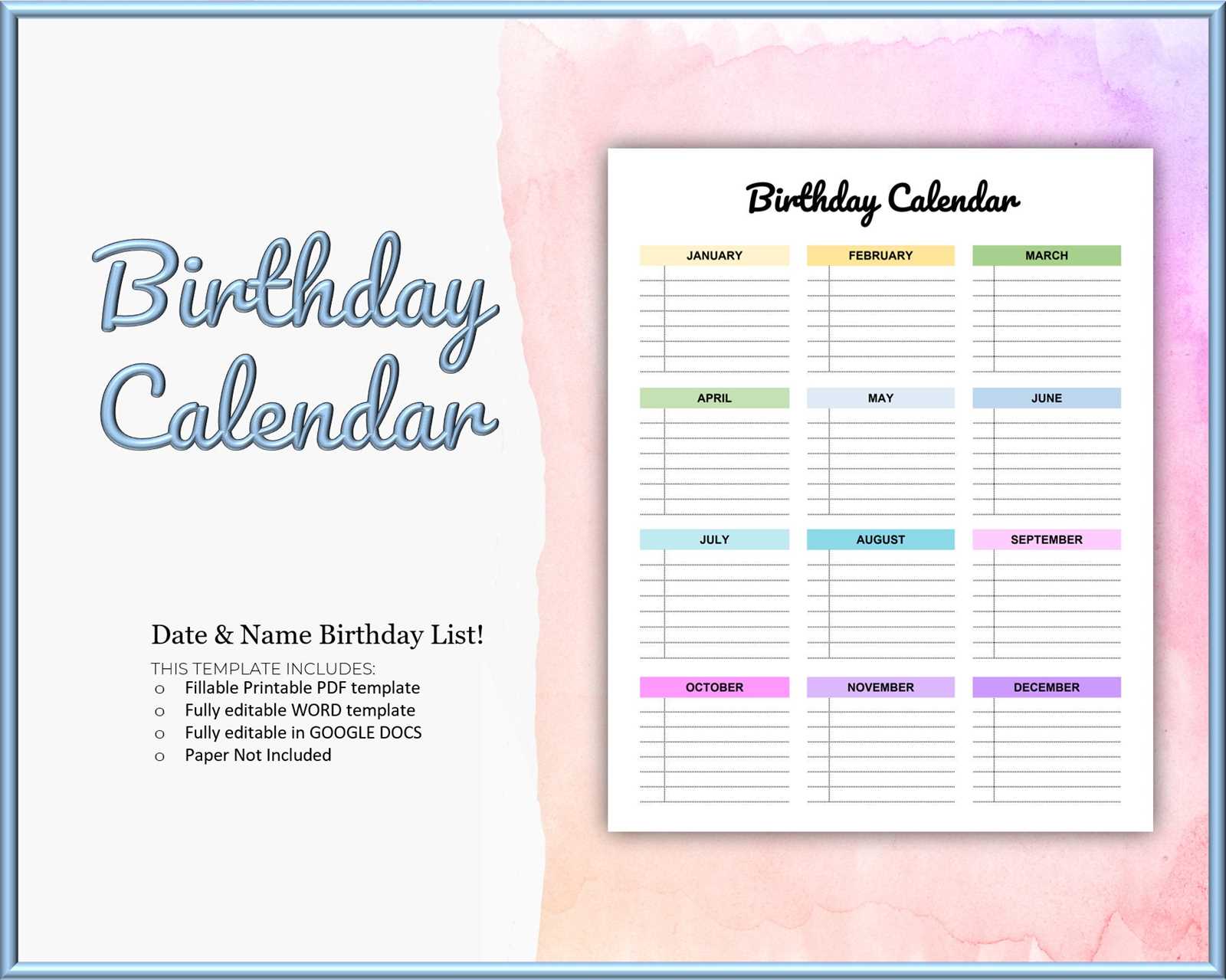 editable printable birthday calendar template