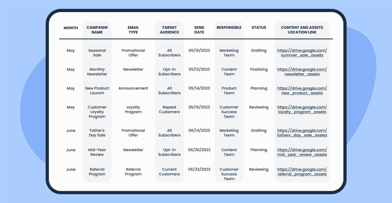 email content calendar template