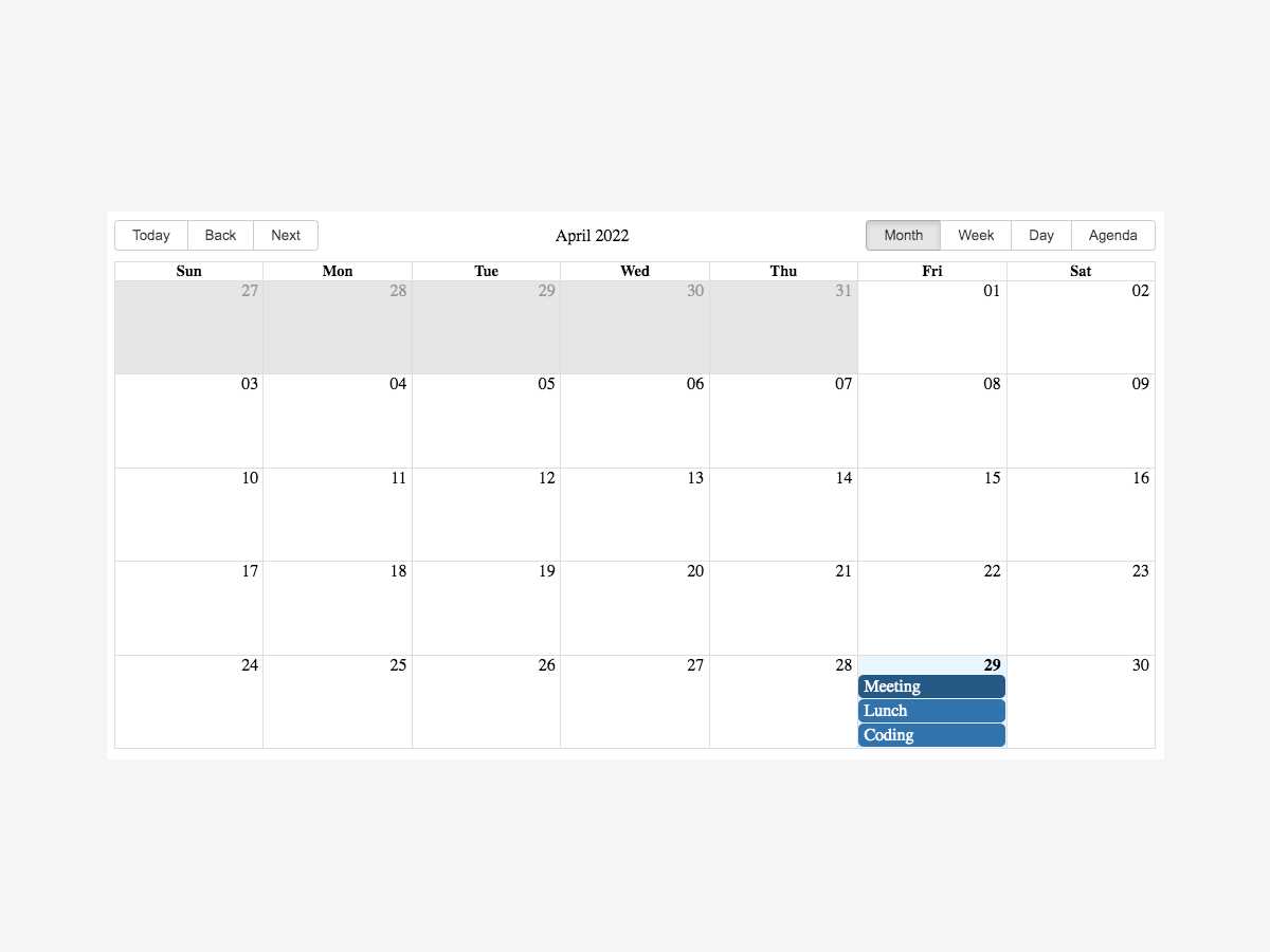 event calendar template html