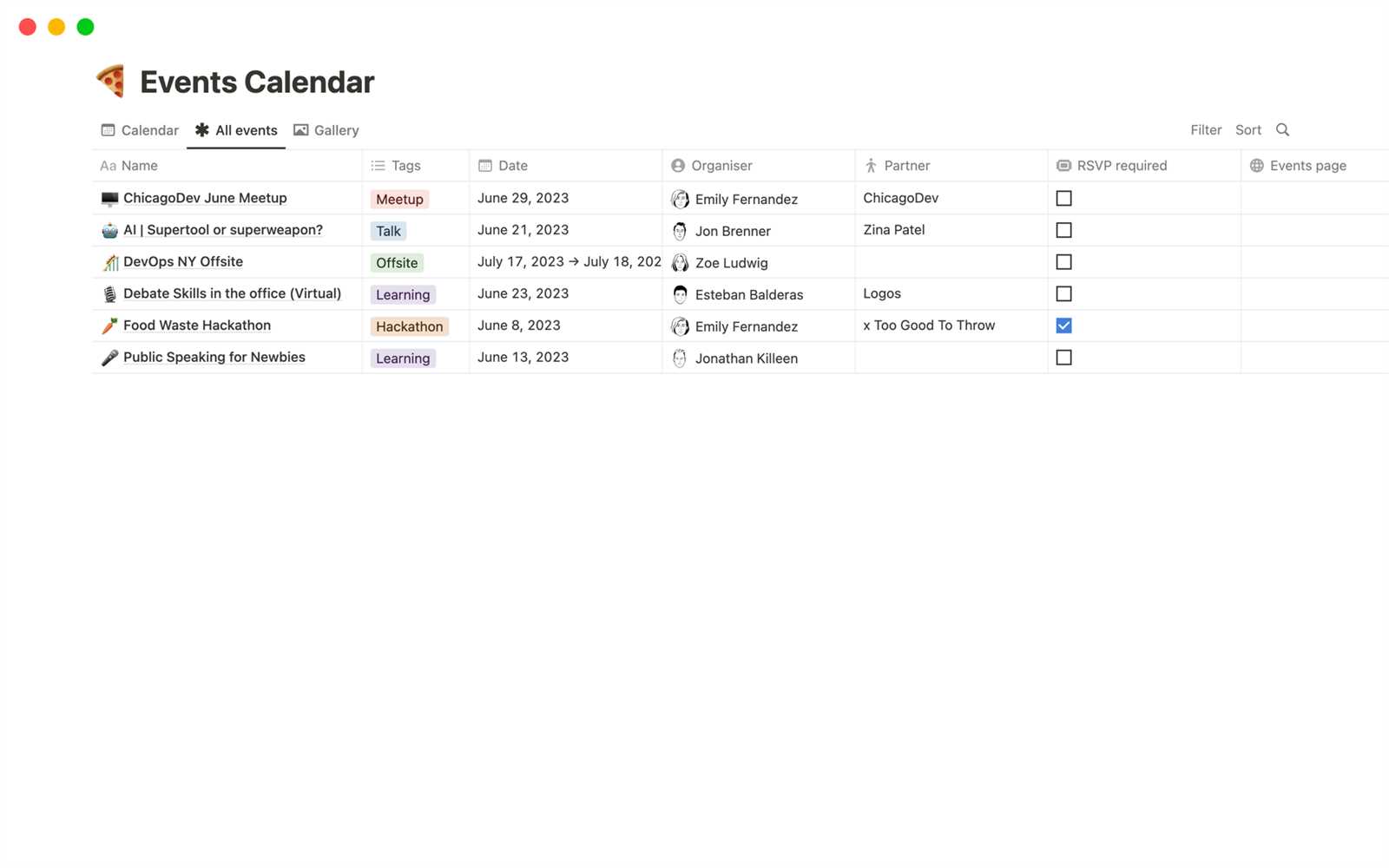 events calendar template