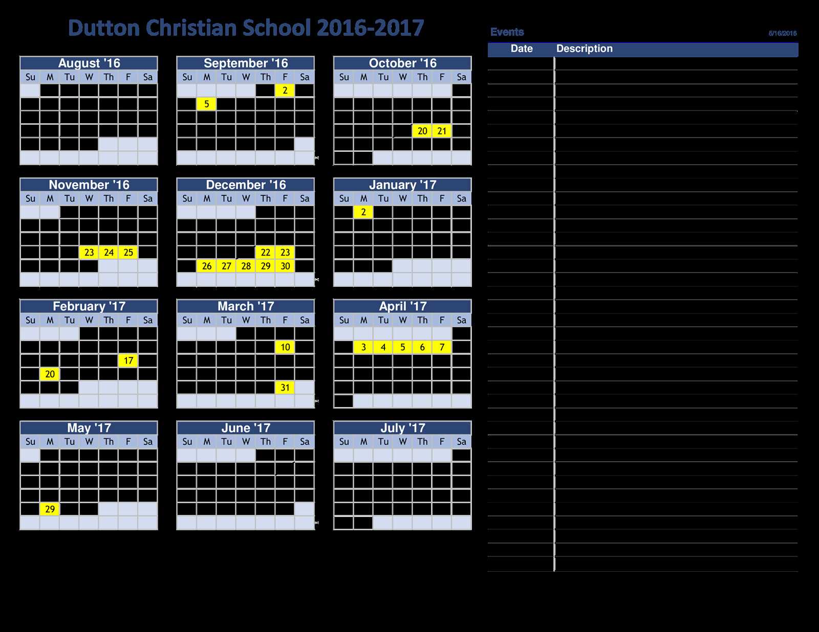 events calendar template