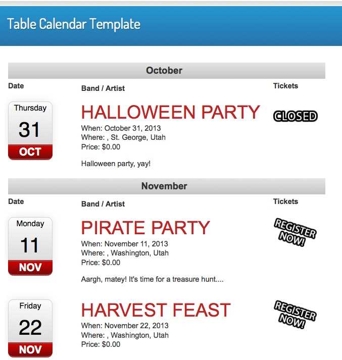 events calendar template