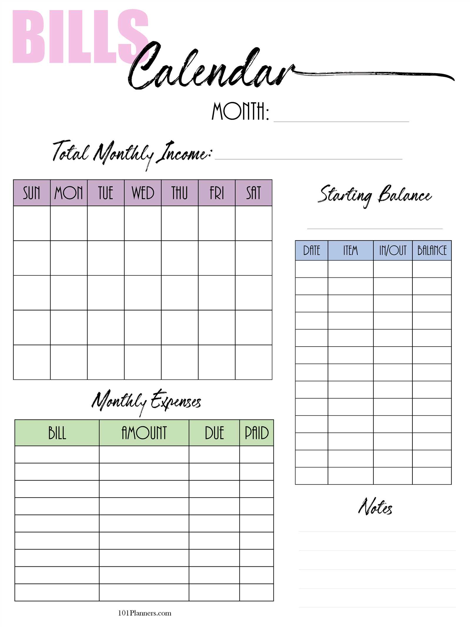 expense calendar template