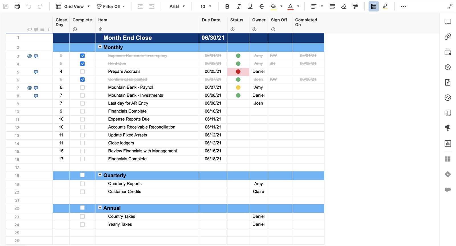 financial close calendar template