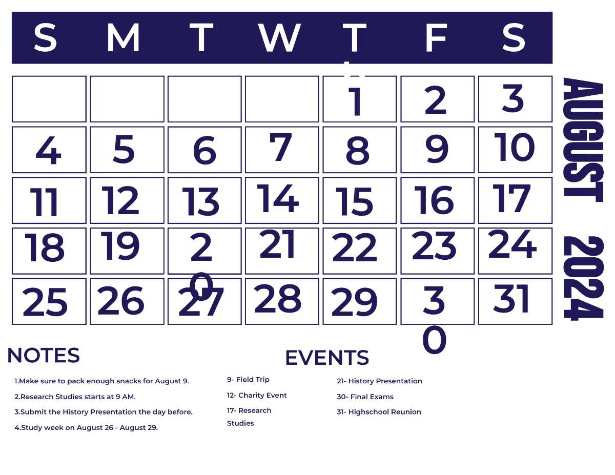 free august calendar template