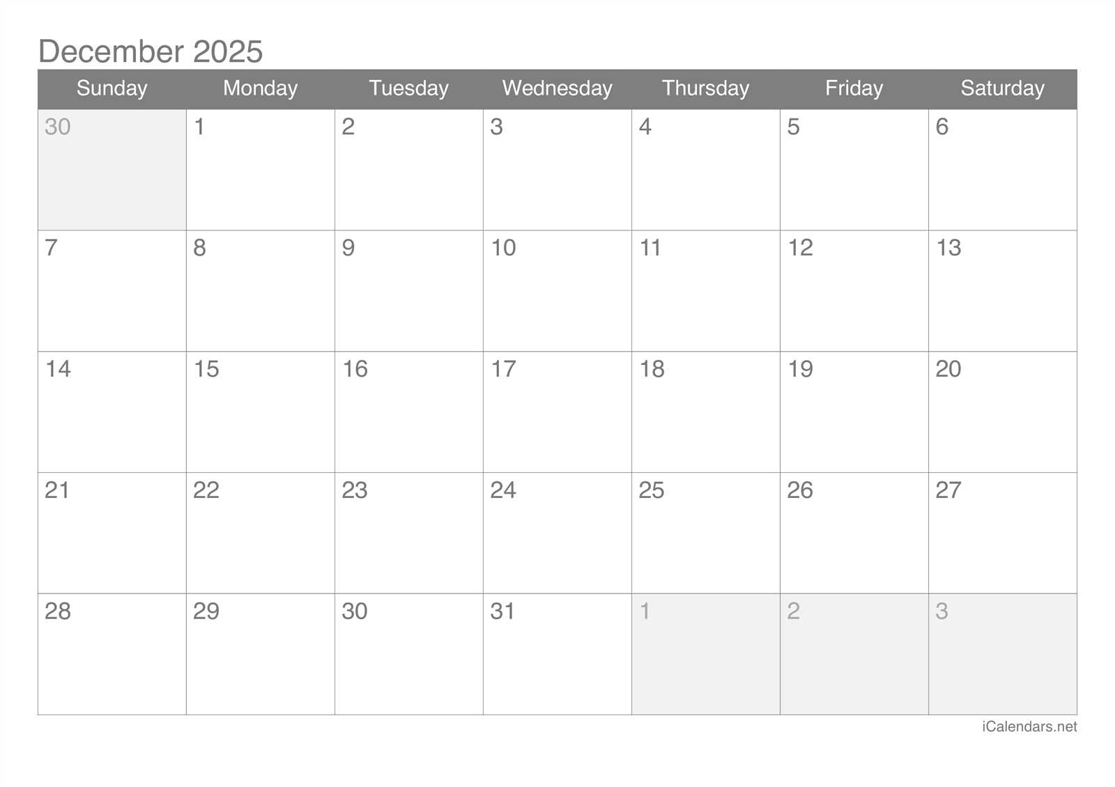 free blank calendar template december 2025