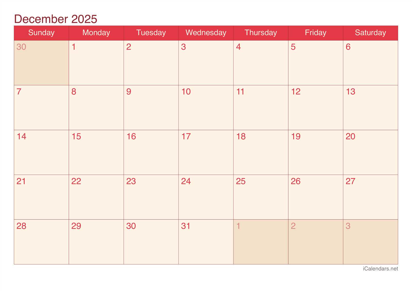 free blank calendar template december 2025