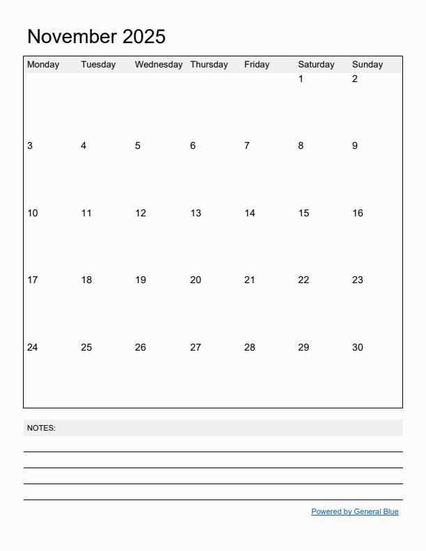 free calendar template november 2025