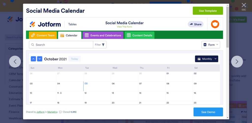 free content calendar template