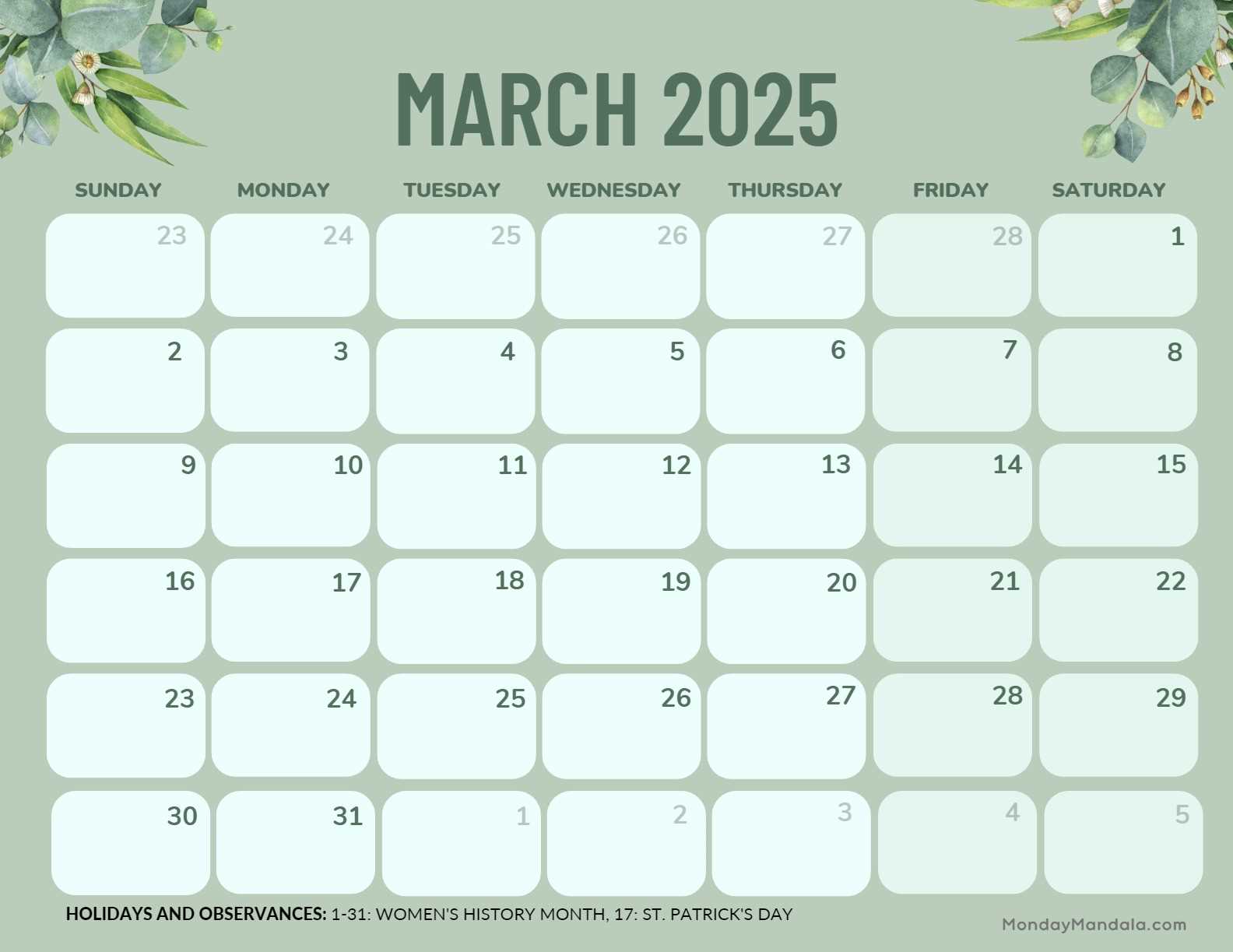 free march calendar template 2025