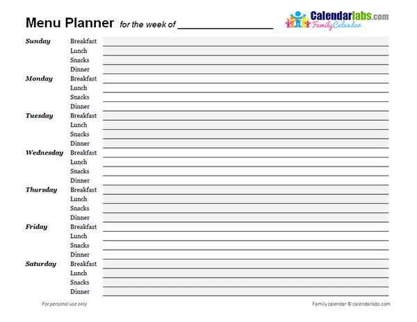 free menu calendar template