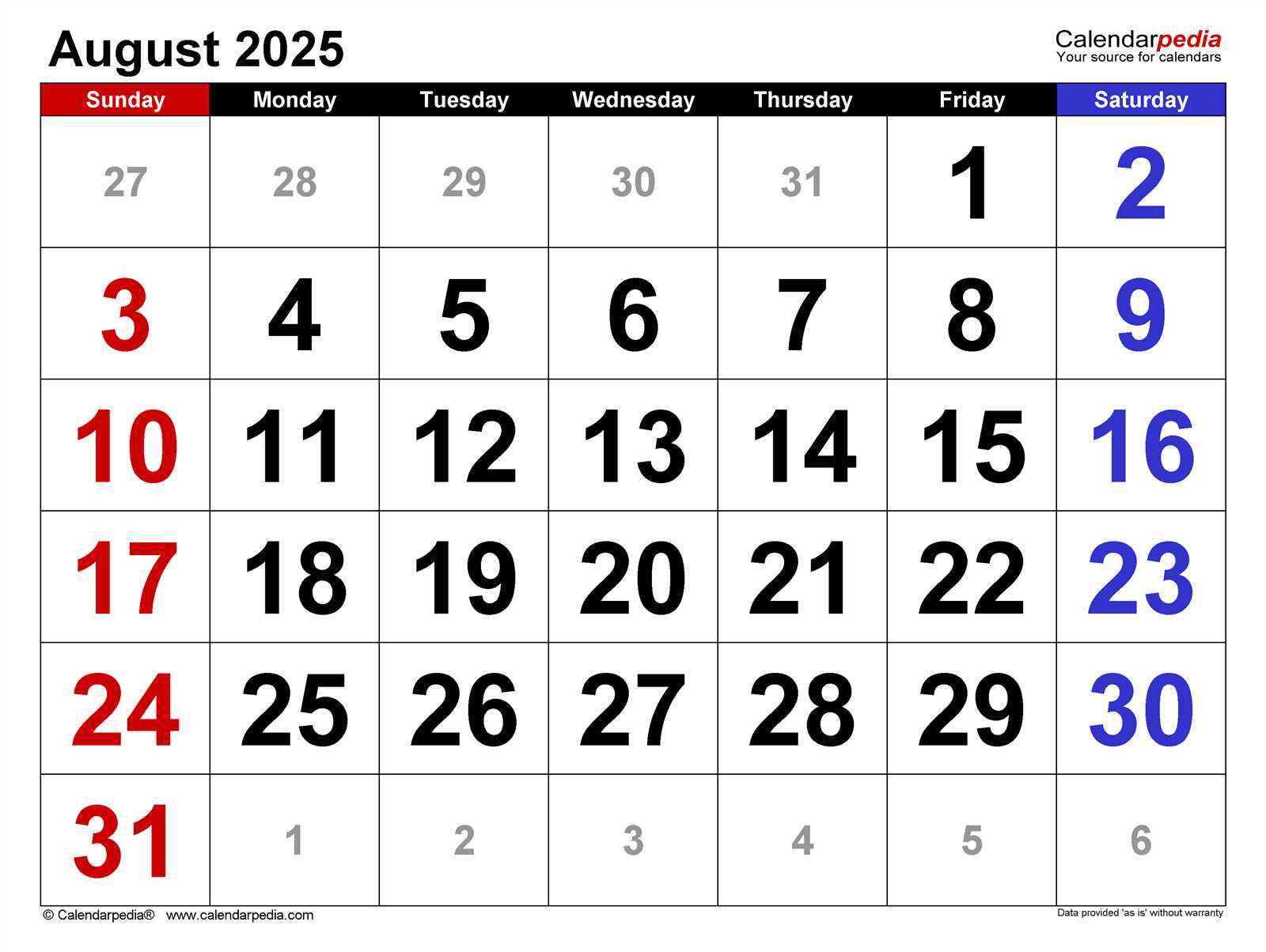 free monthly calendar template august 2025