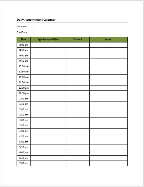 hourly appointment calendar template