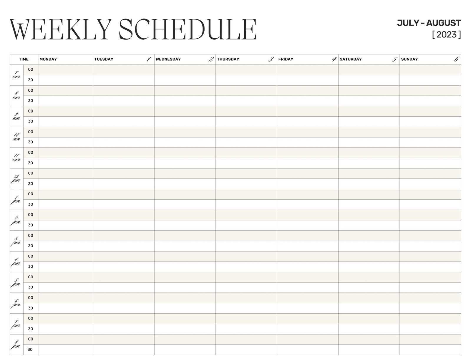 hourly daily calendar template