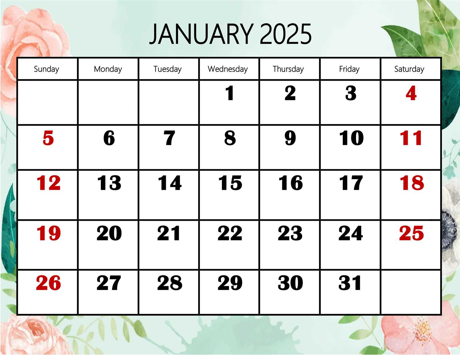 january blank calendar template 2025