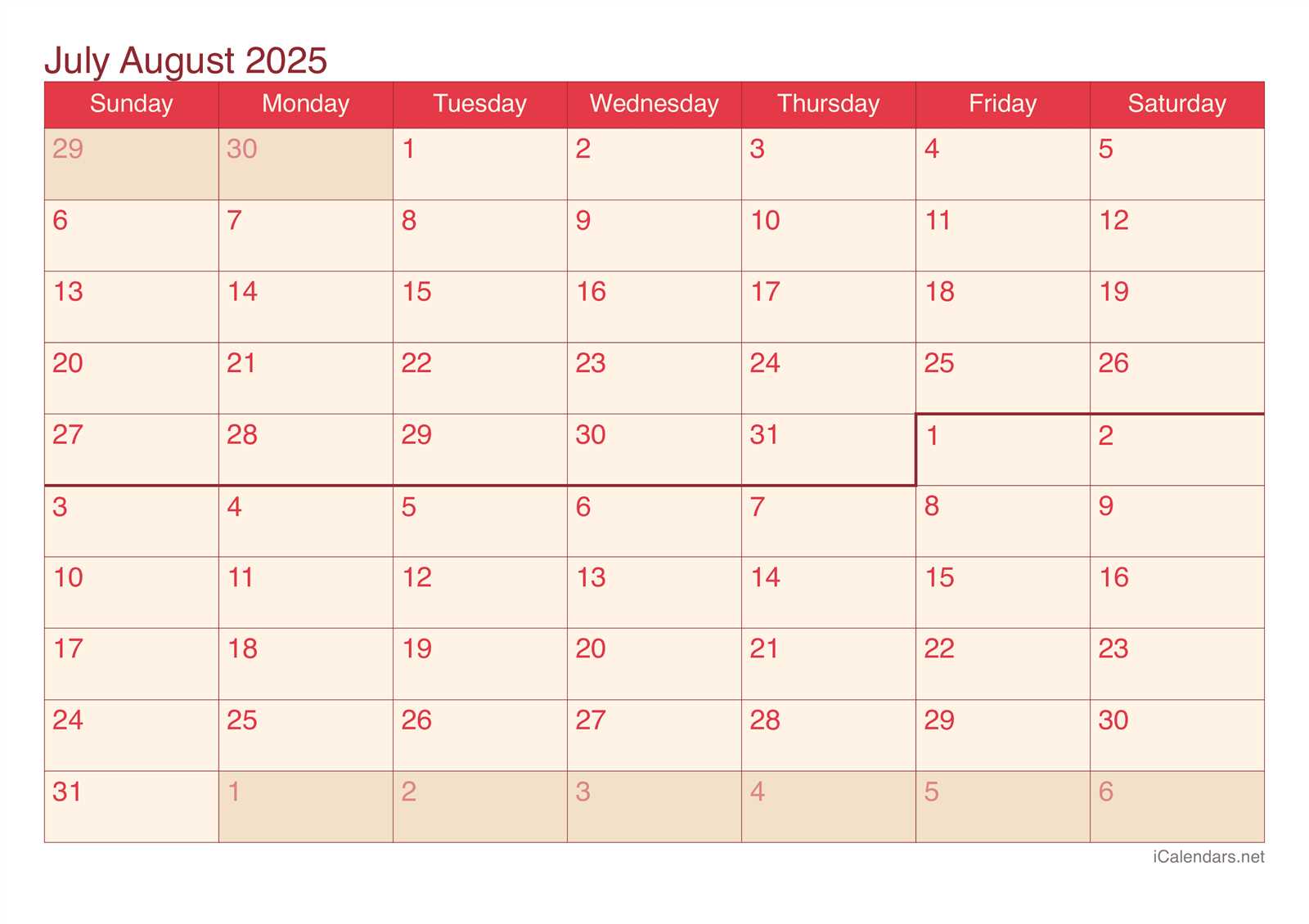 july august 2025 calendar template