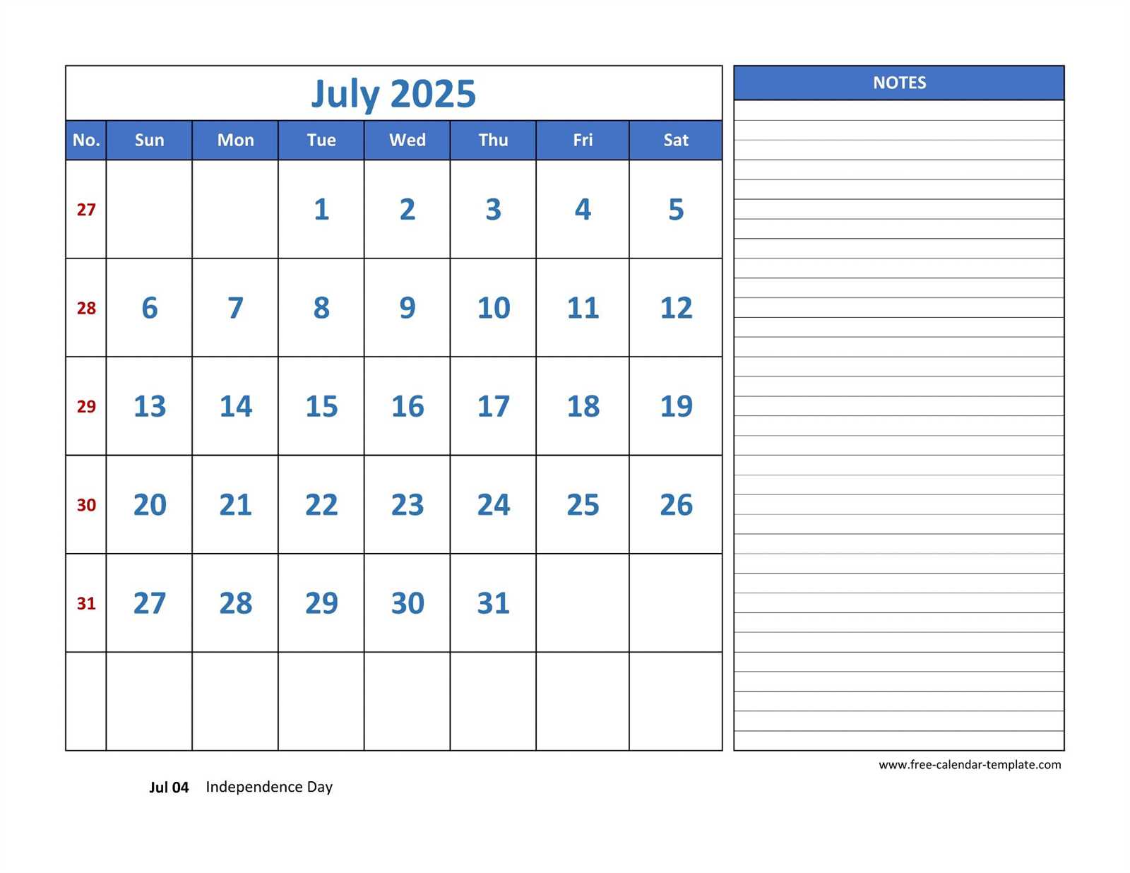 july calendar template printable