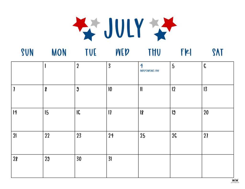 july month calendar template