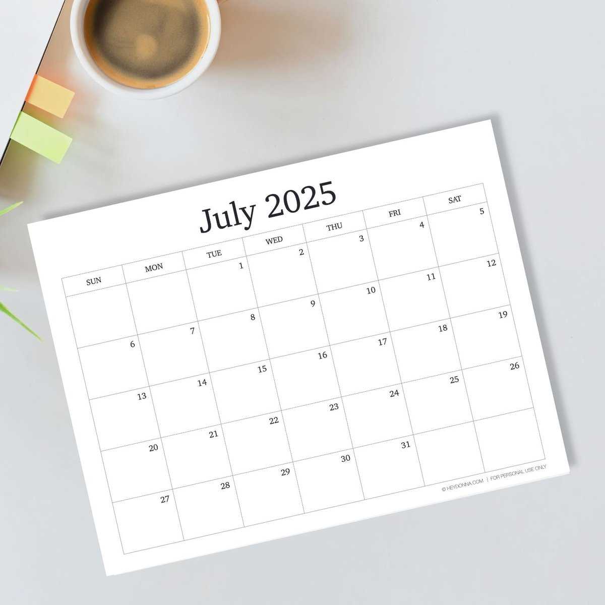 july monthly calendar template 2025