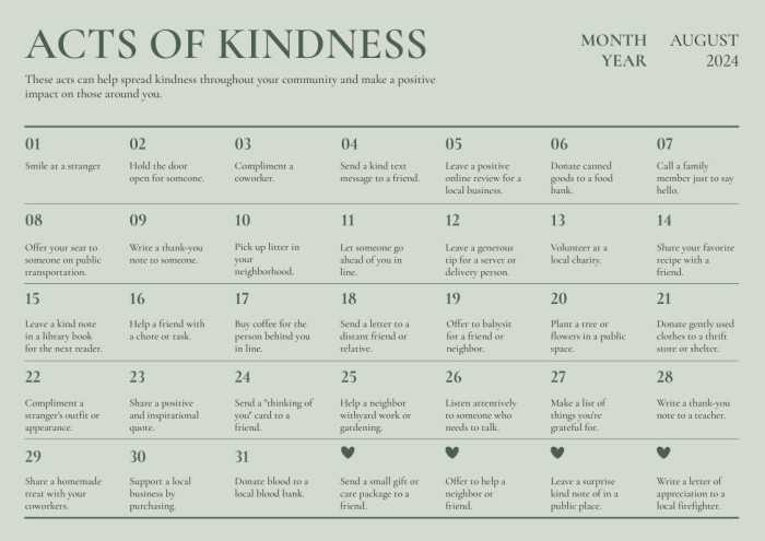 kindness calendar template