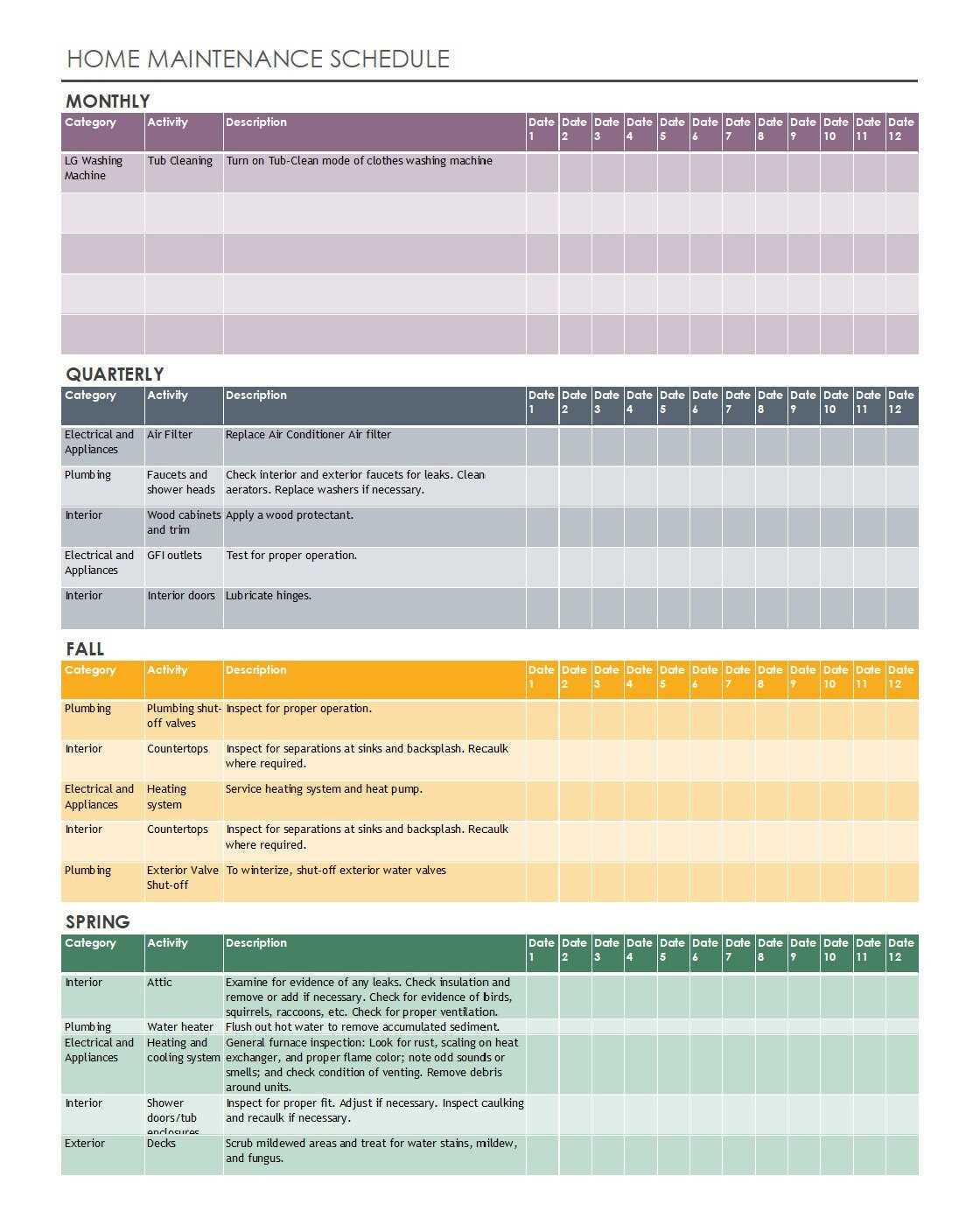 maintenance calendar template