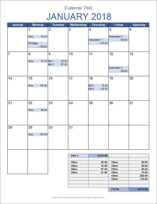 monthly bill payment calendar template