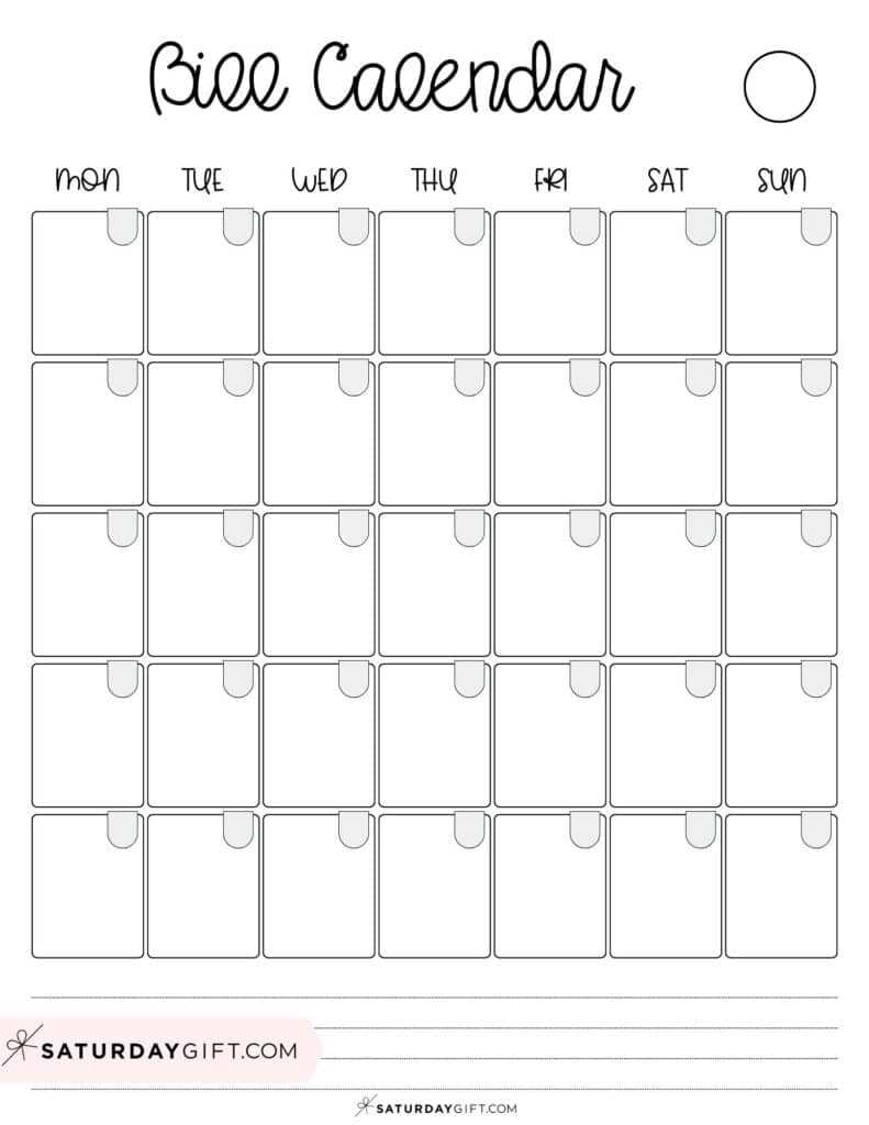 monthly bill payment calendar template