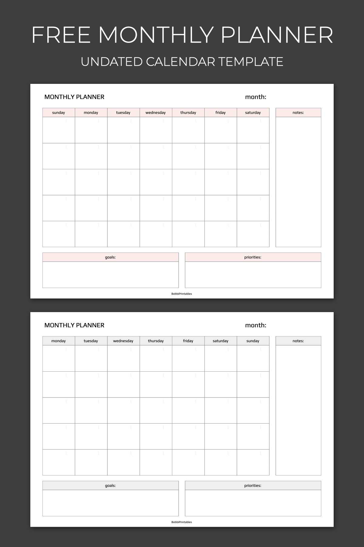 monthly calendar planner template