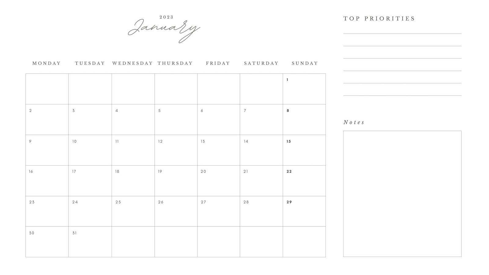 monthly calendar template aesthetic