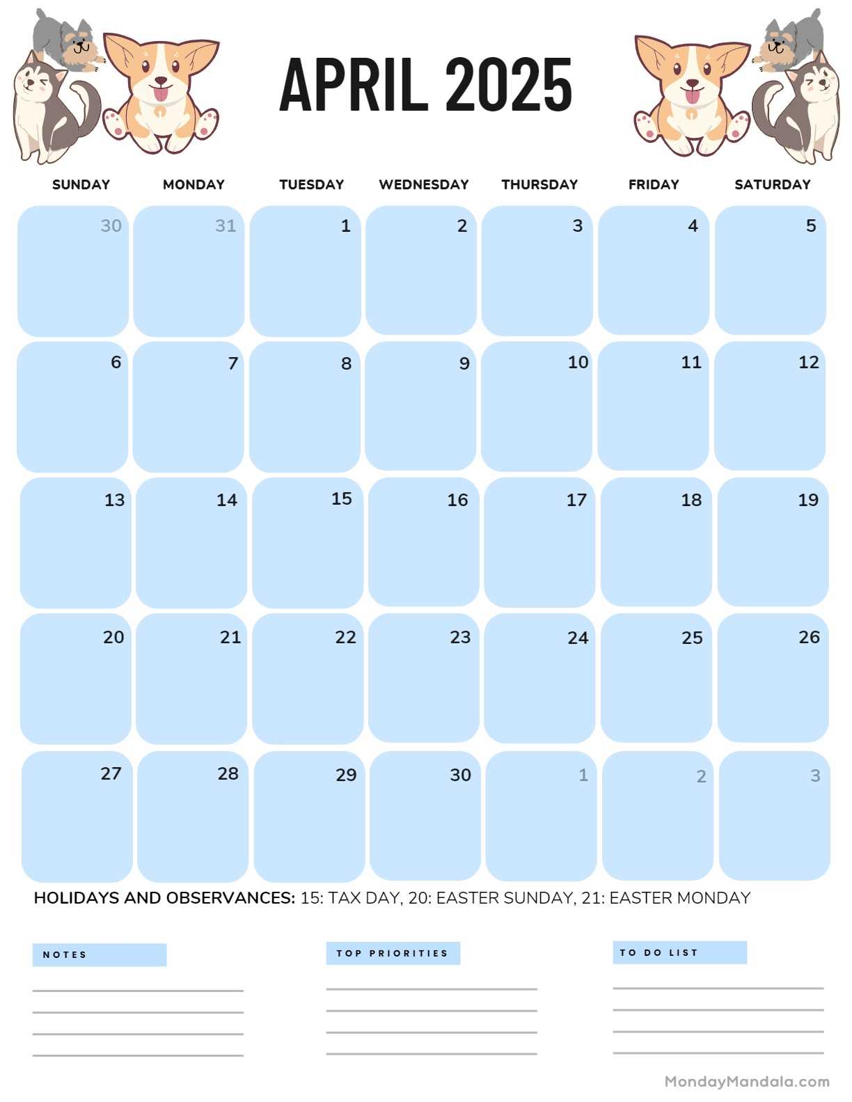 monthly calendar template april 2025