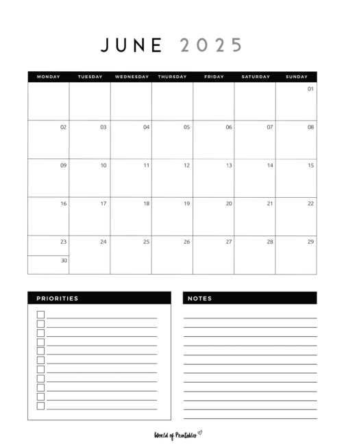 monthly calendar template june 2025