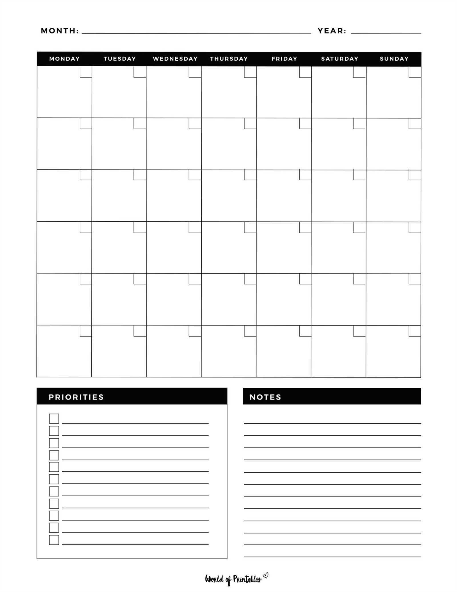 monthly calendar templates free