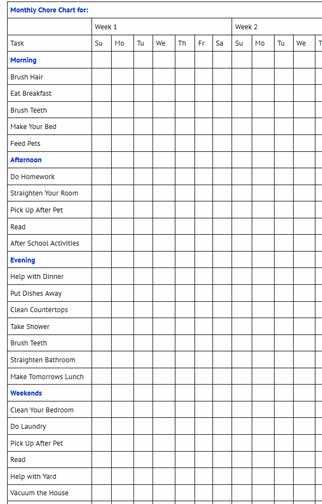 monthly chores calendar template
