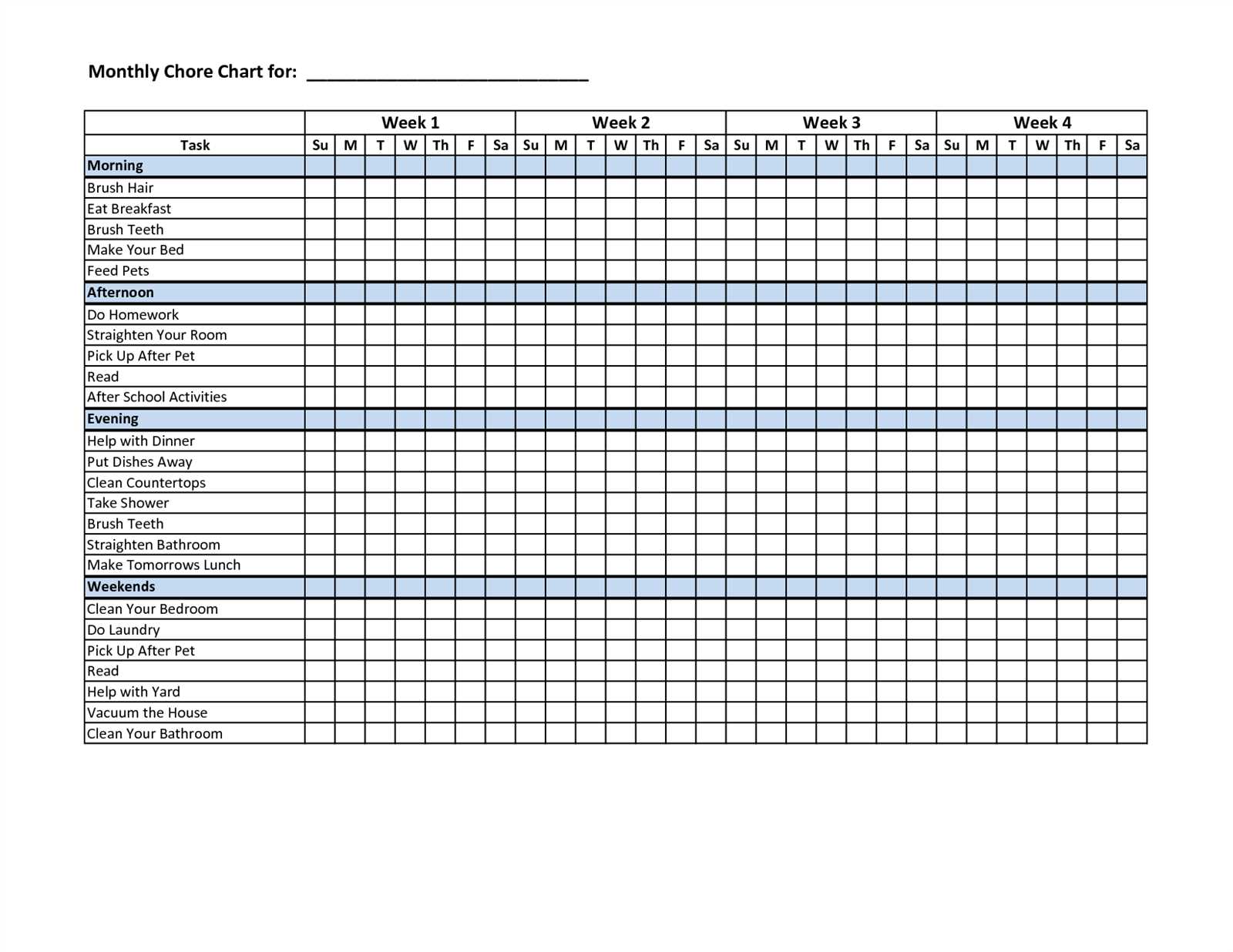 monthly chores calendar template