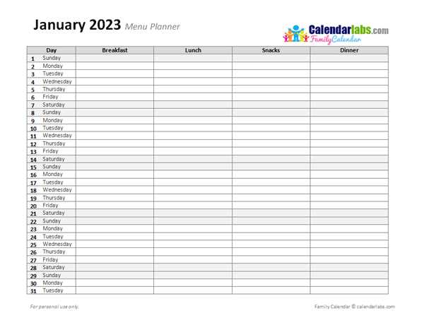 monthly menu planning calendar template