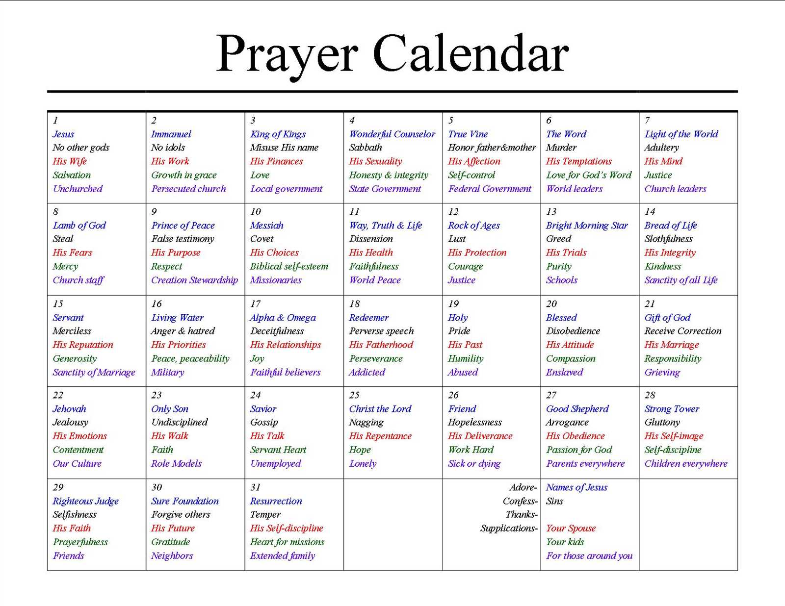 monthly prayer calendar template