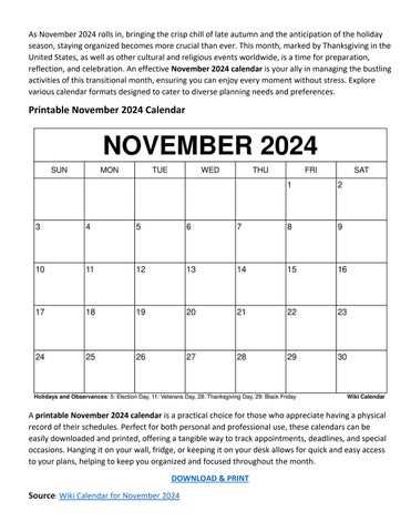 november monthly calendar template