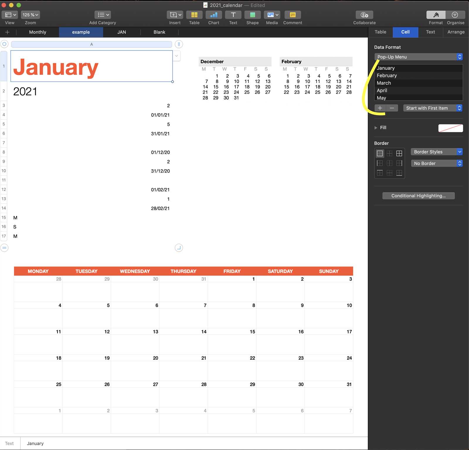 numbers calendar template