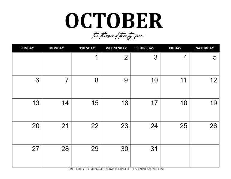 october month calendar template