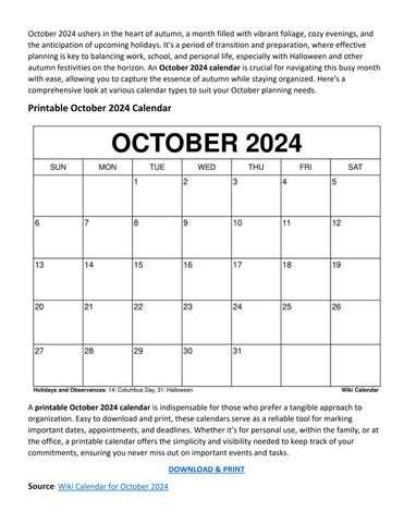 october monthly calendar template