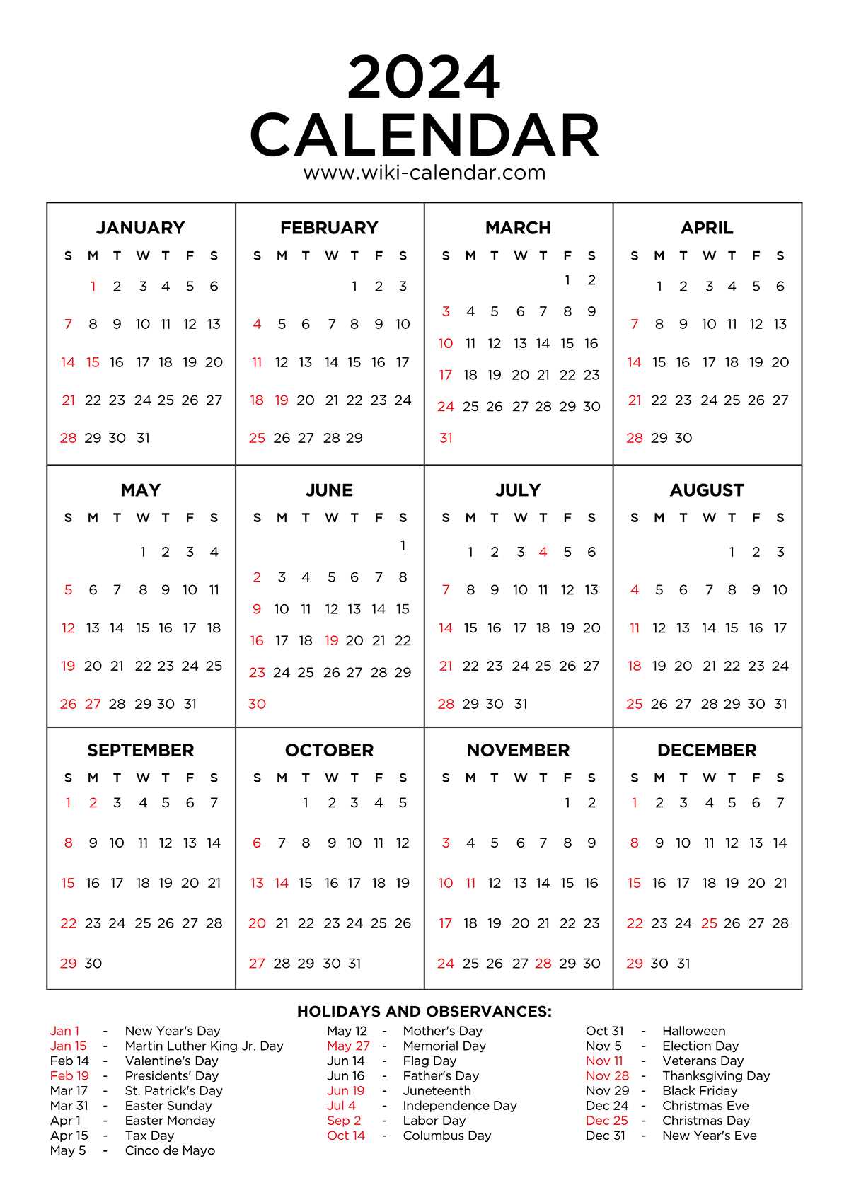 one page annual calendar template