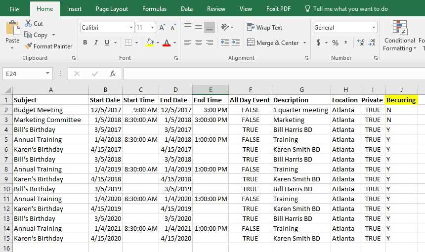 outlook calendar csv template