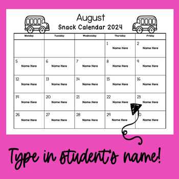 preschool snack calendar template