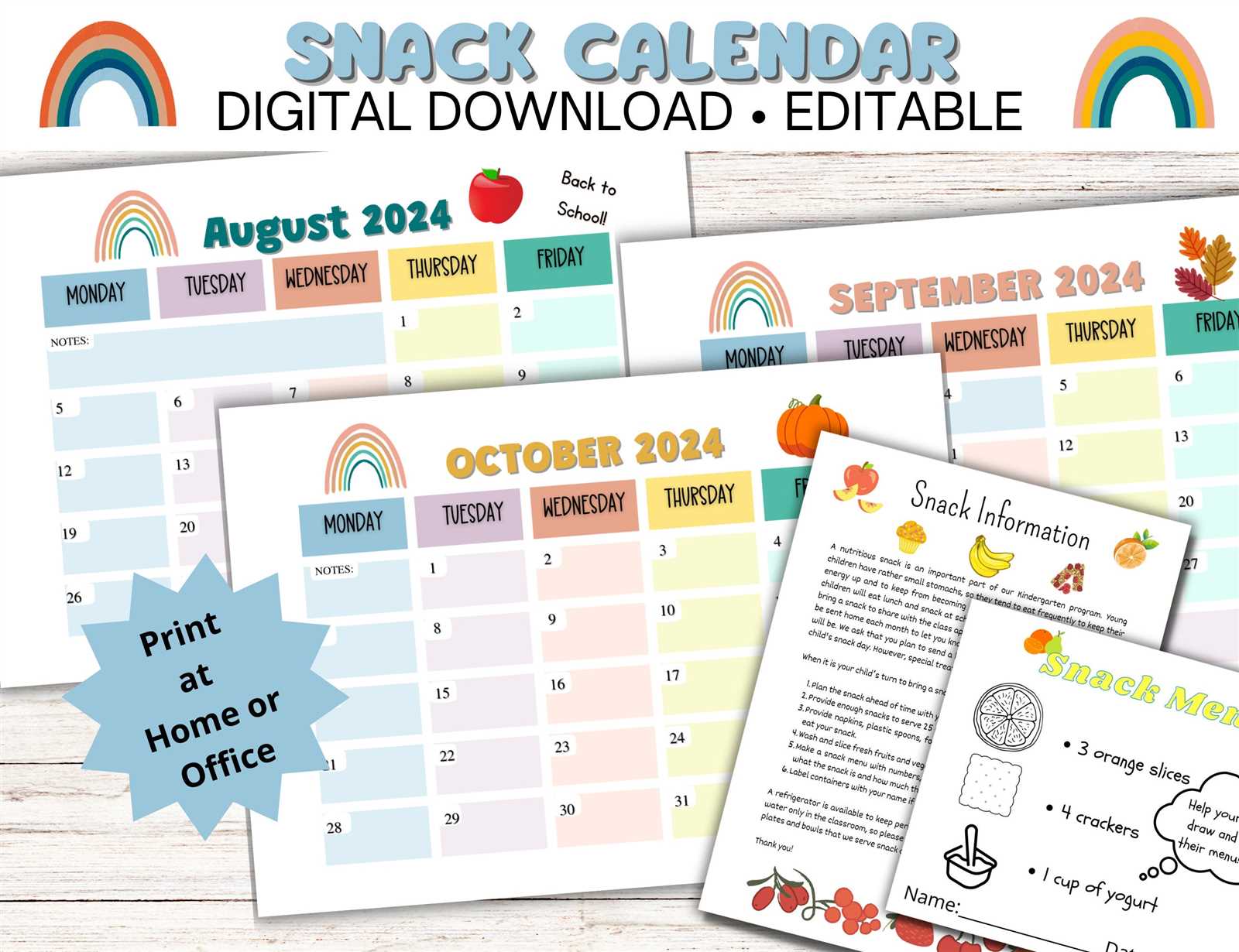 preschool snack calendar template