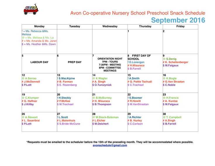 preschool snack calendar template