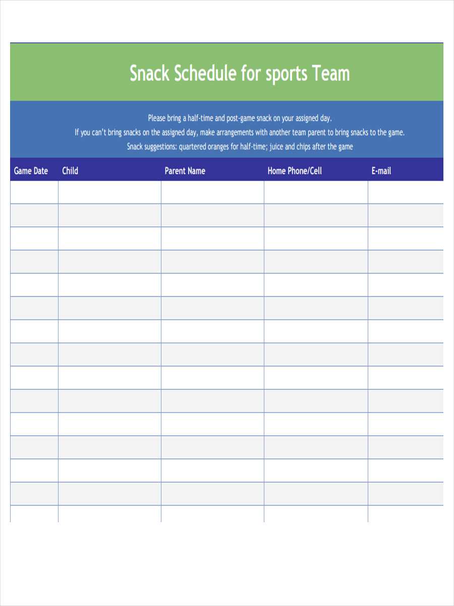 preschool snack calendar template