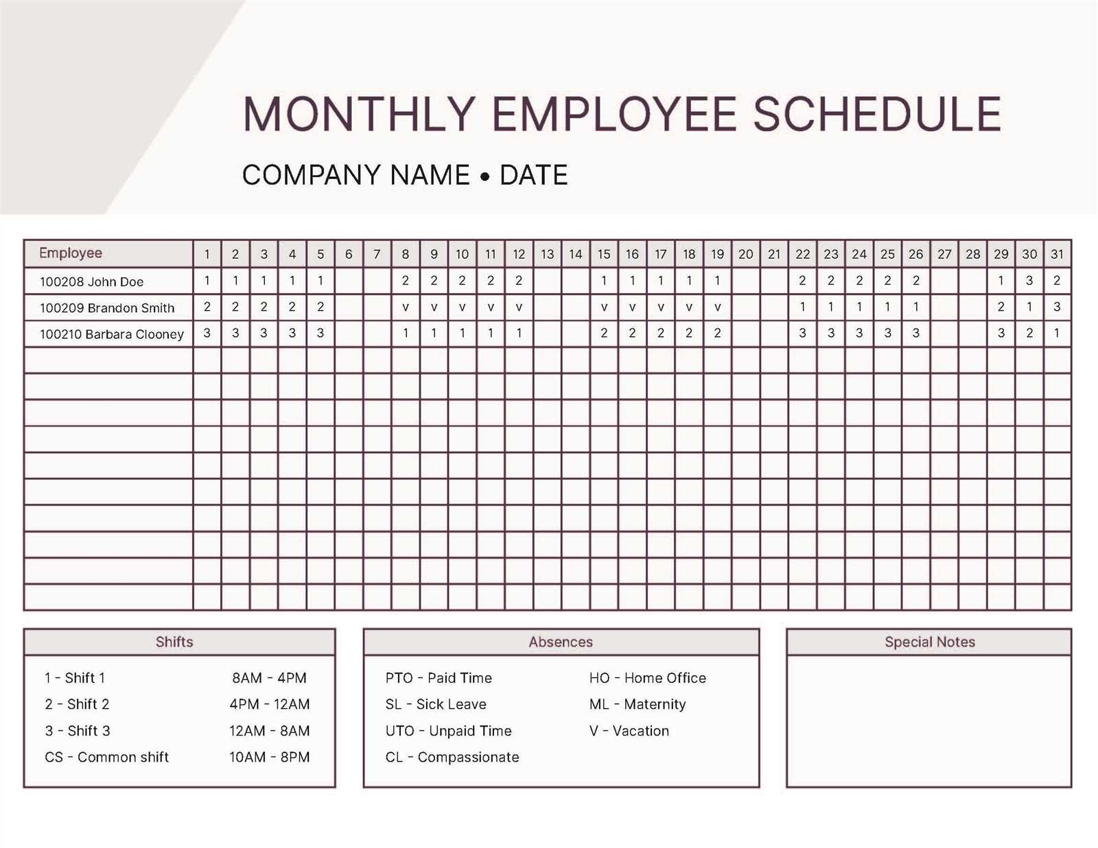 pto calendar template